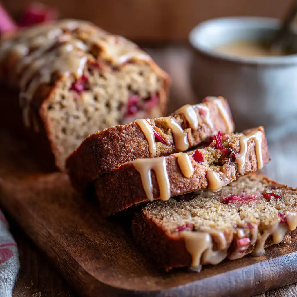 Cinnamon Rhubarb Bread – The Best Moist & Flavorful Loaf 1 cinnamon rhubarb bread loaf with brown butter glaze sliced on wooden table