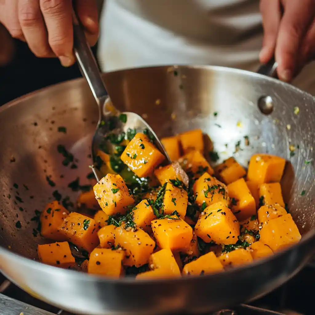 chef-preparing-roasted-butternut-squash Chef preparing roasted butternut squash with herbs