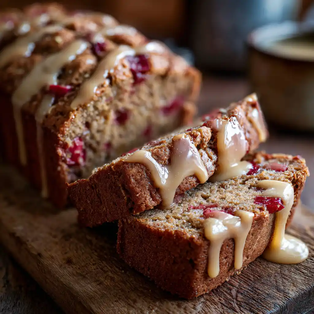 cinnamon-rhubarb-bread-sliced-glaze cinnamon rhubarb bread freshly baked with glaze