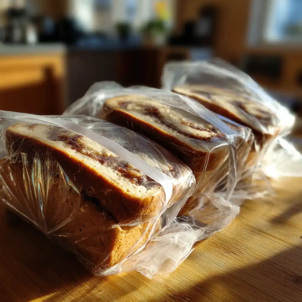 freezing-cinnamon-rhubarb-bread frozen cinnamon rhubarb bread slices wrapped