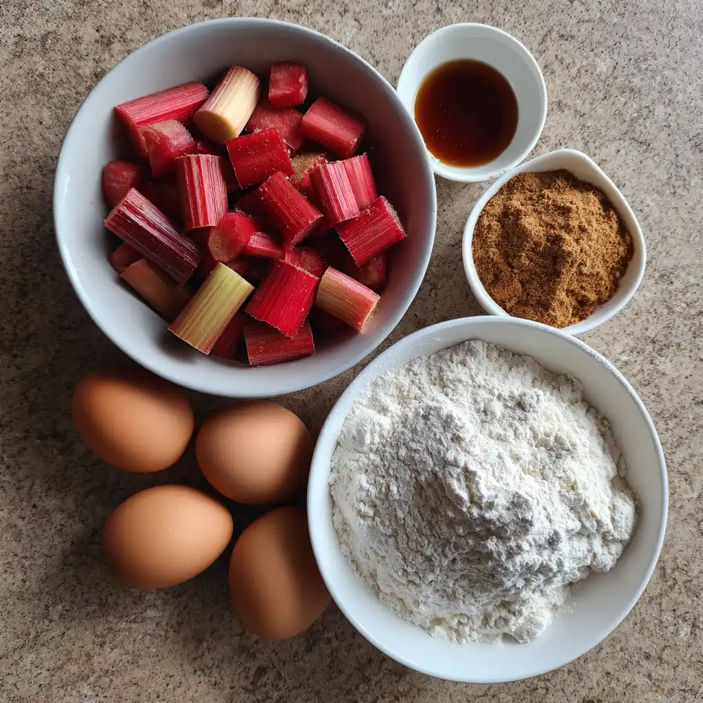 ingredients-cinnamon-rhubarb-bread cinnamon rhubarb bread ingredients on counter