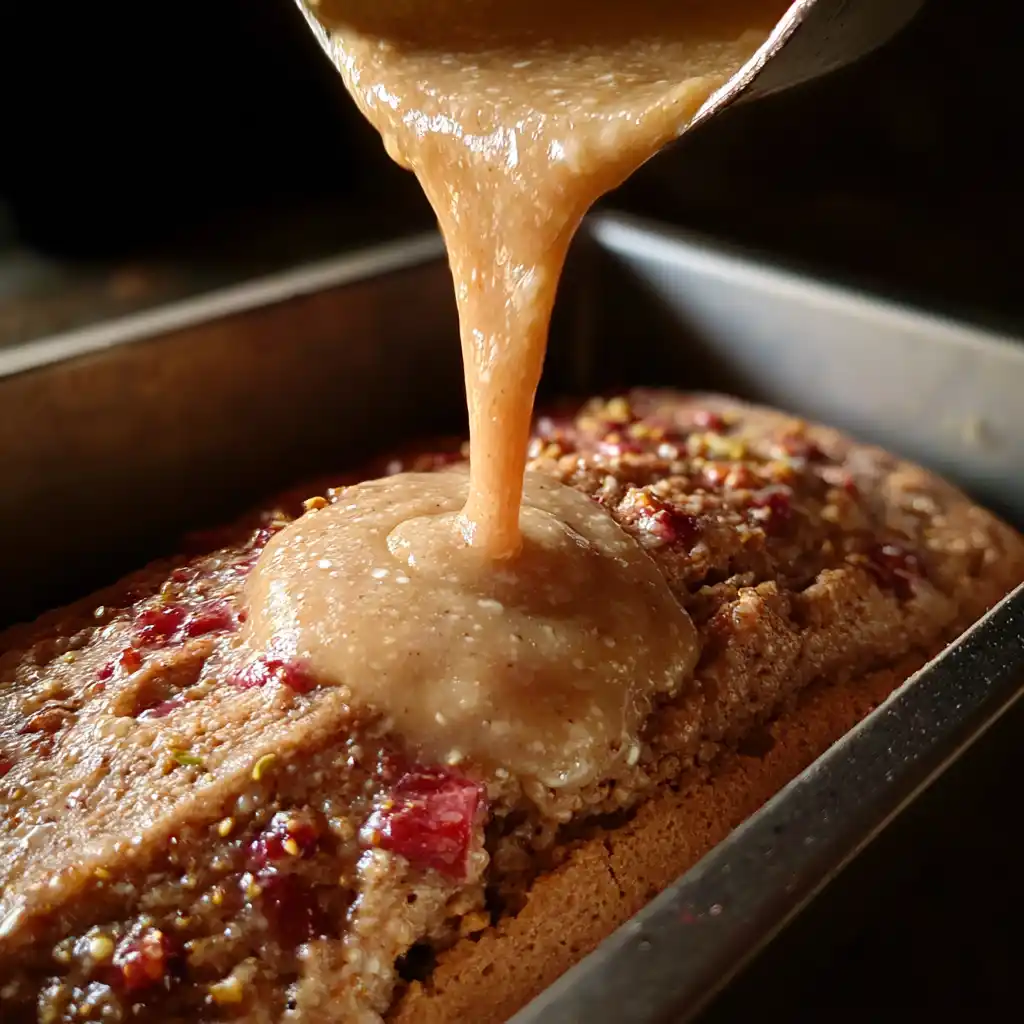 pouring-cinnamon-rhubarb-batter batter for cinnamon rhubarb bread in loaf pan
