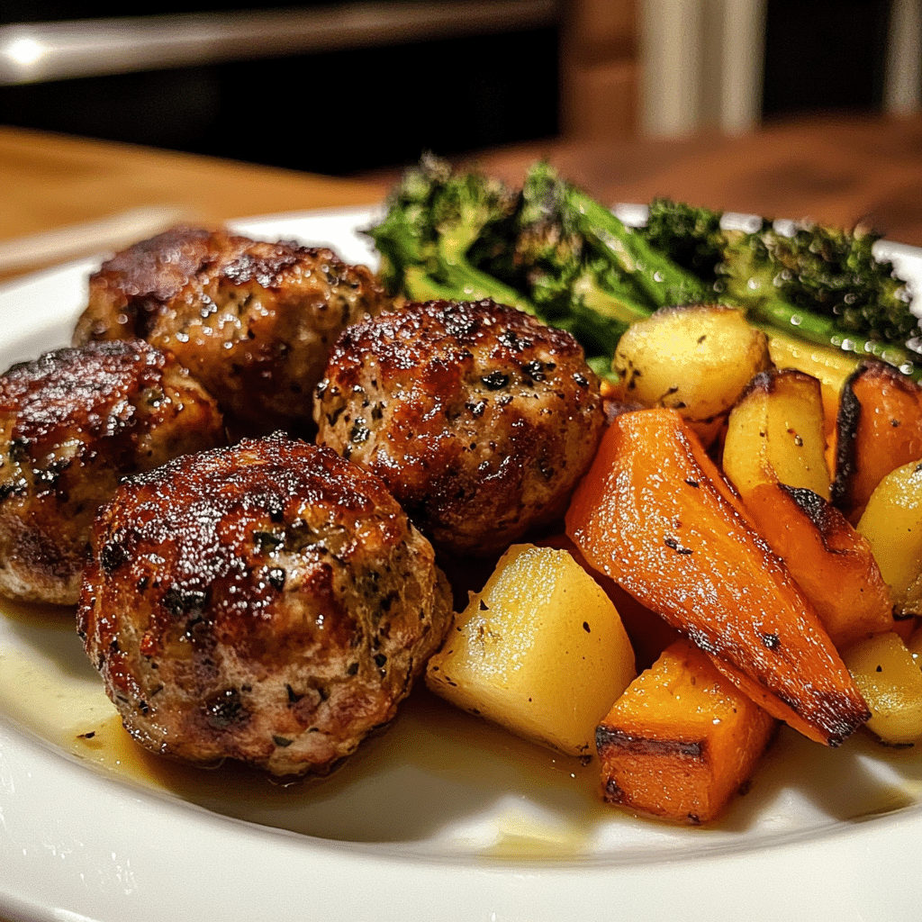 Apple Cheddar Turkey Meatballs with roasted vegetables