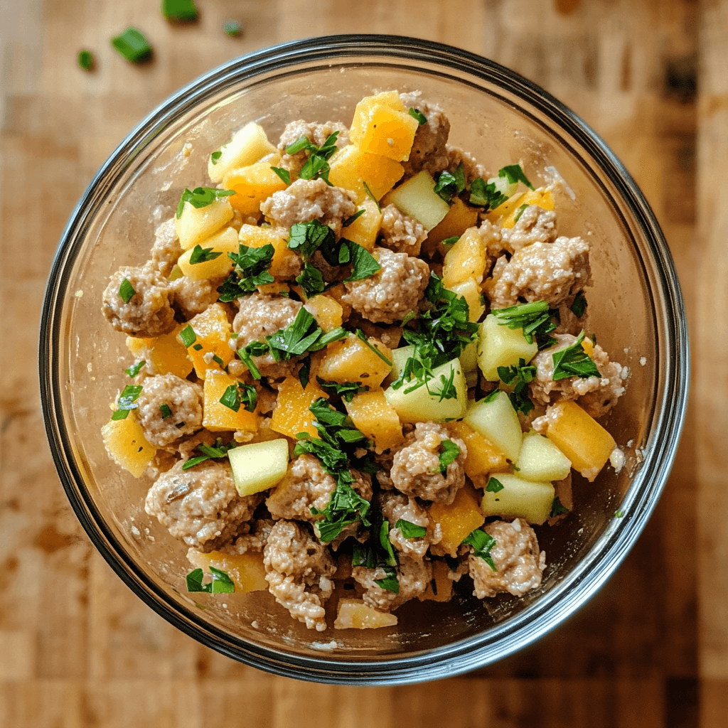 Apple cheddar turkey meatball mixture in prep bowl