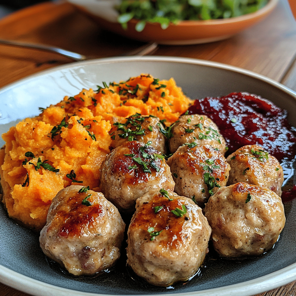 Apple Cheddar Turkey Meatballs with sweet potatoes and dip