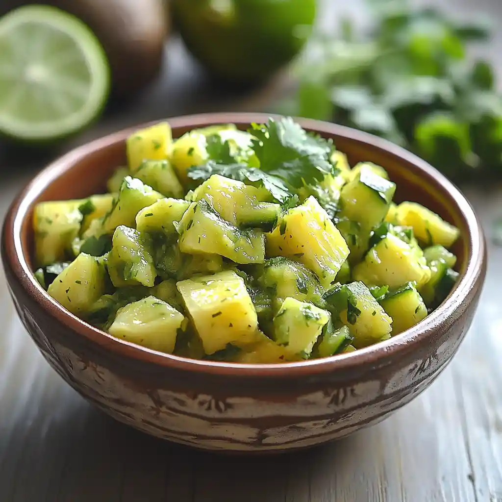 avocado-cucumber-salsa-with-pineapple-featured Avocado Cucumber Salsa with Pineapple in a bowl on a table