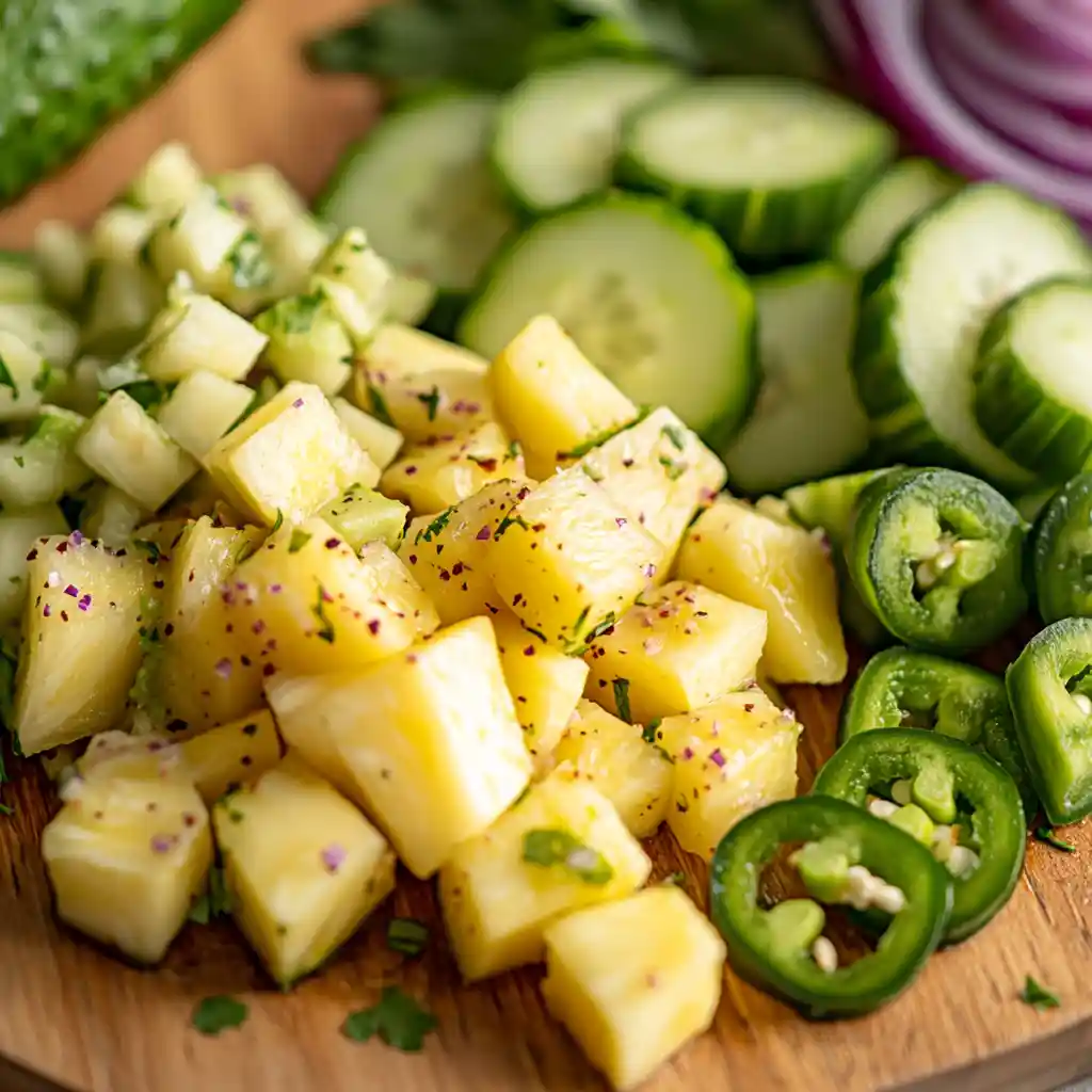 avocado-cucumber-salsa-with-pineapple-ingredients Ingredients for Avocado Cucumber Salsa with Pineapple on board