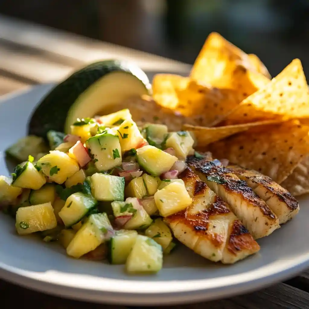 avocado-cucumber-salsa-with-pineapple-serving Avocado Cucumber Salsa with Pineapple served with chips and fish