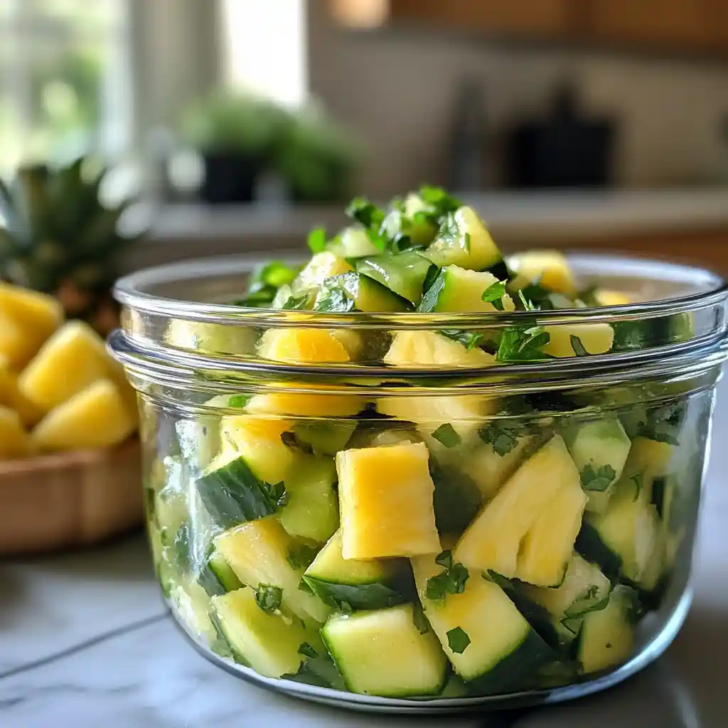 avocado-cucumber-salsa-with-pineapple-storage Avocado Cucumber Salsa with Pineapple stored in glass container