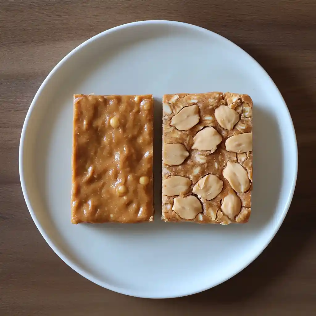 baked-vs-no-bake-chickpea-bars.jpg Baked and no-bake peanut butter chickpea bars side by side
