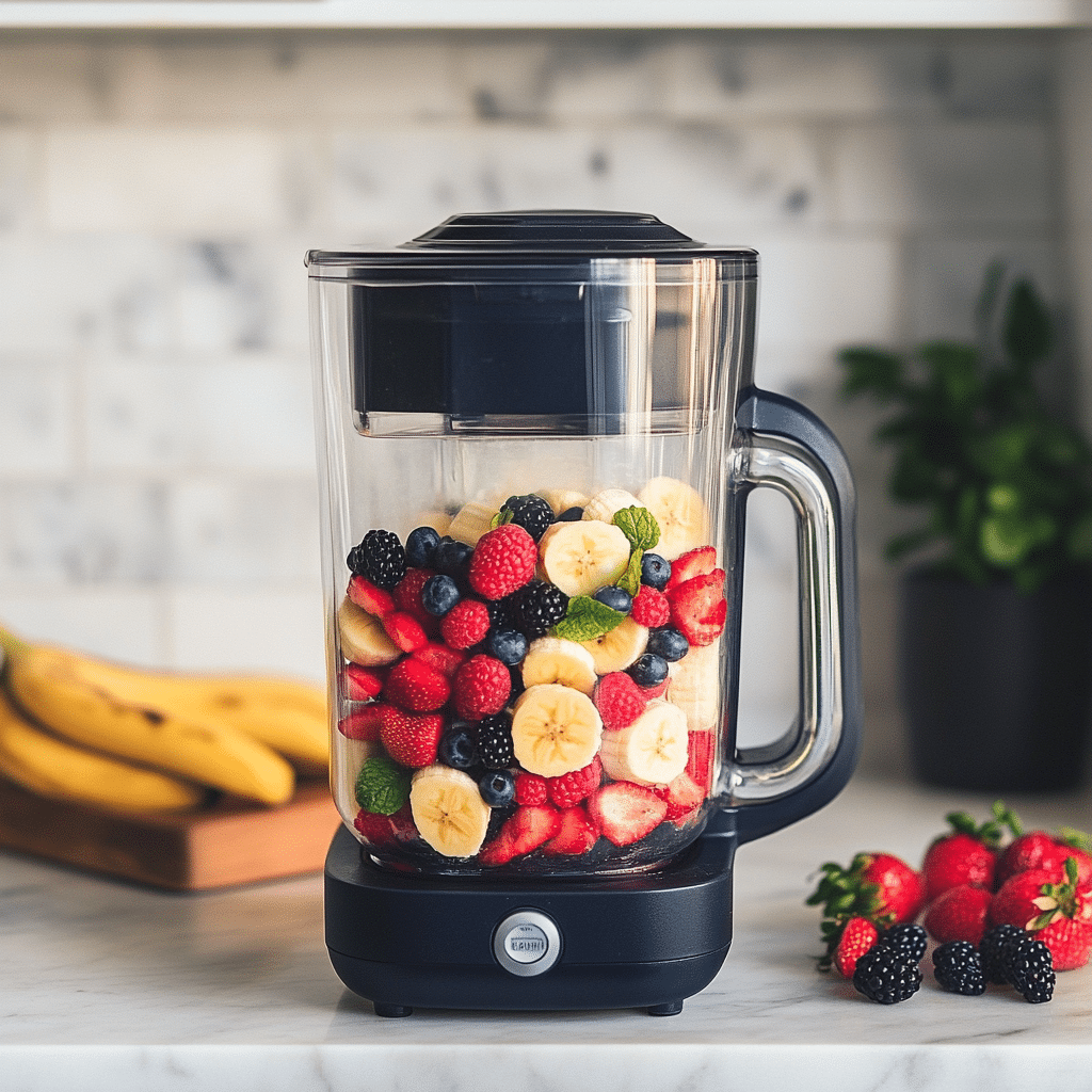 Blending silken tofu berry smoothie ingredients