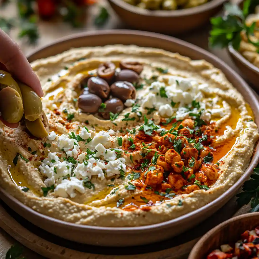 building-greek-hummus-plate Assembling a Greek Hummus Plate with colorful toppings