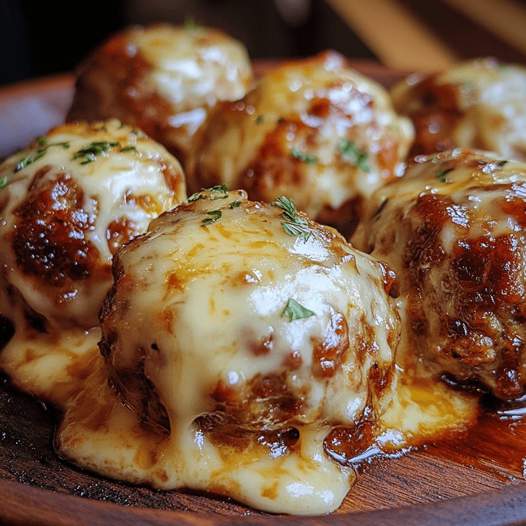 Cheesy BBQ Meatballs on wooden plate with melted cheese