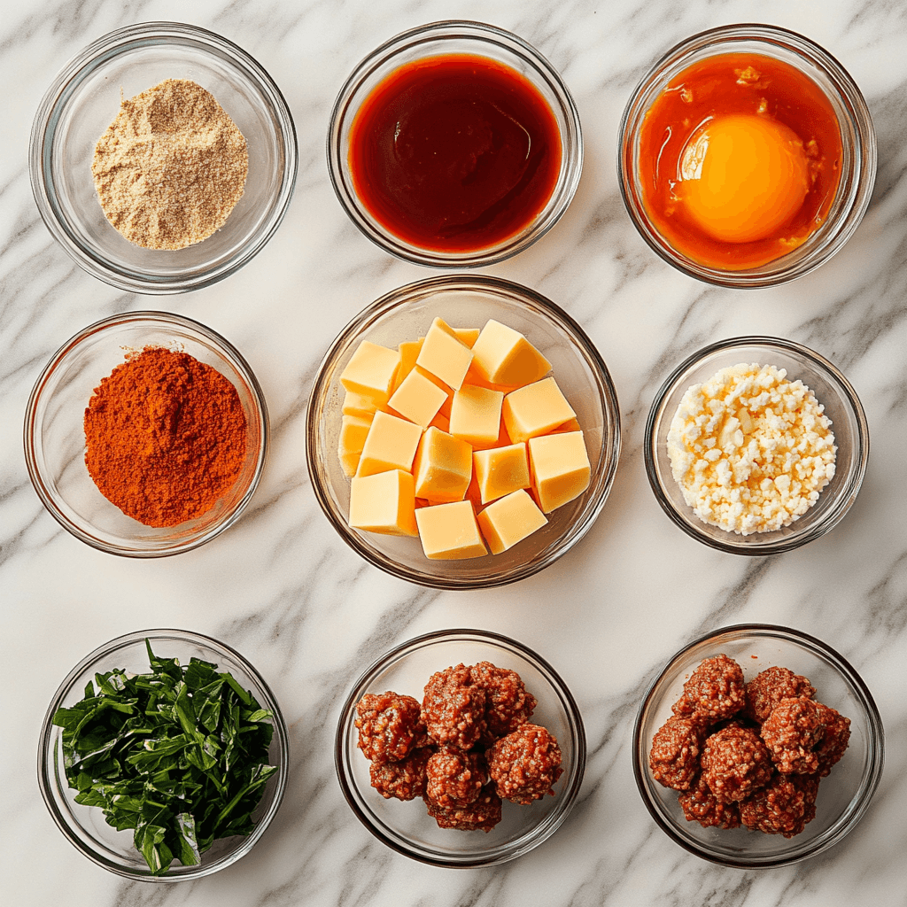 Ingredients for Cheesy BBQ Meatballs laid out