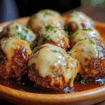 Cheesy BBQ Meatballs with melted cheese and BBQ glaze on a rustic plate