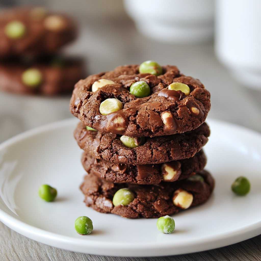 chocolate pea cookies fresh from oven on wooden table