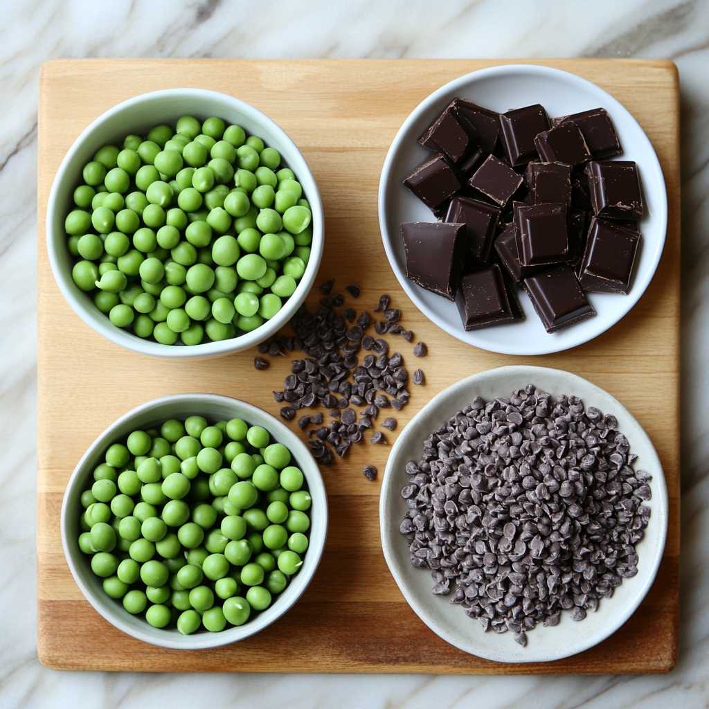 ingredients for chocolate pea cookies including peas and dark chocolate