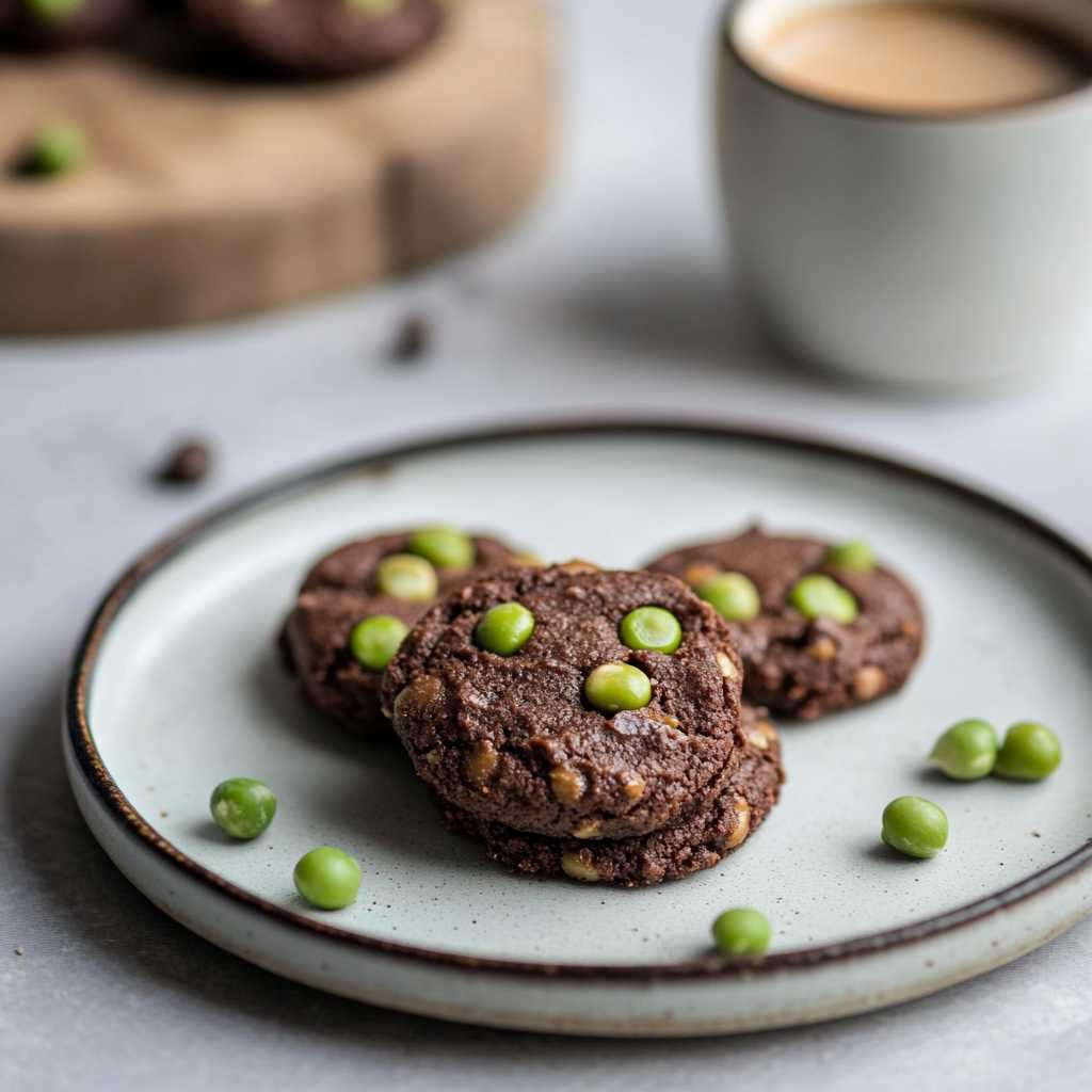 chocolate pea cookies with coffee on a kitchen table