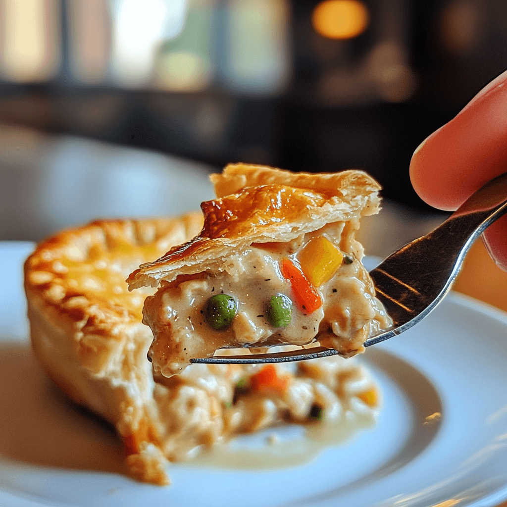 Enjoying KFC chicken pot pie close up on a fork