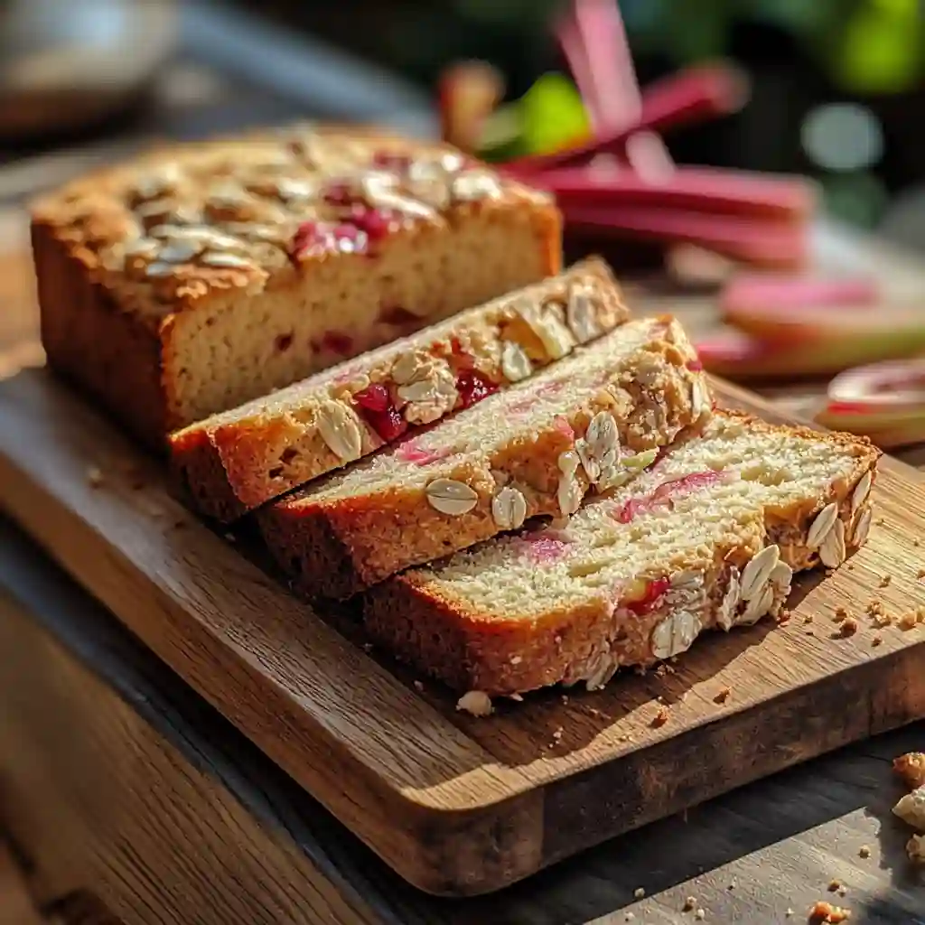 gluten-free-healthy-rhubarb-bread-featured gluten free healthy rhubarb bread sliced on wooden cutting board
