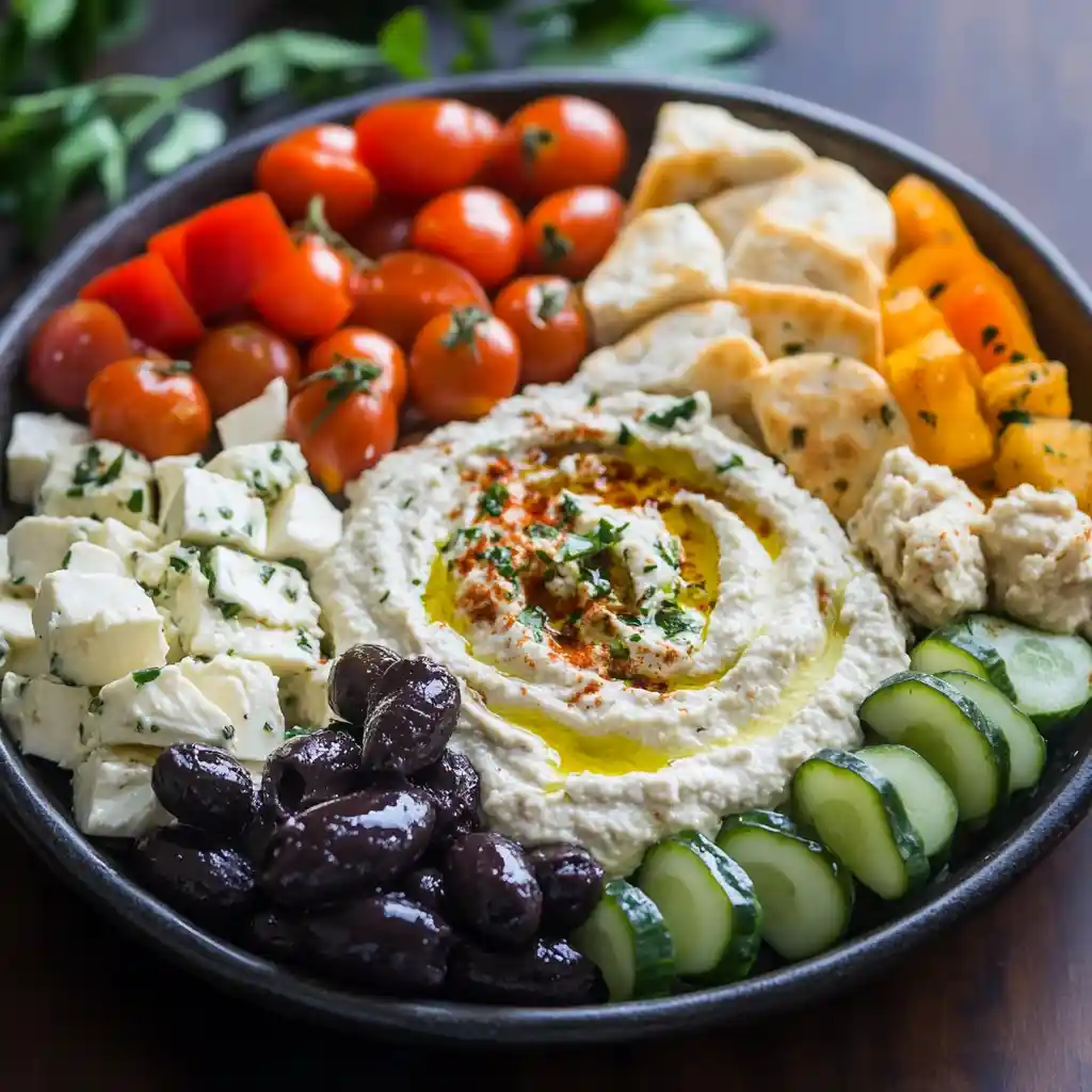 Greek Hummus Plate with fresh Mediterranean toppings
