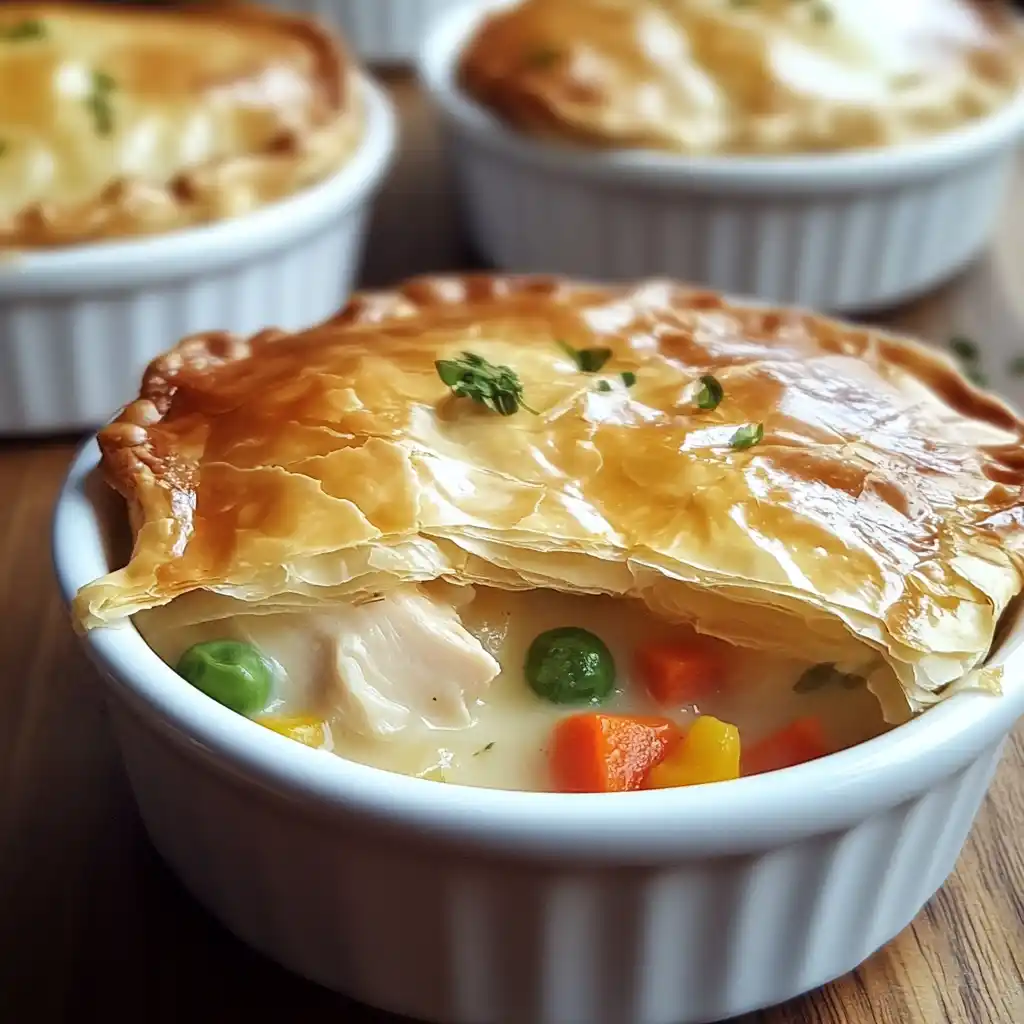 Individual healthy chicken pot pies in ramekins