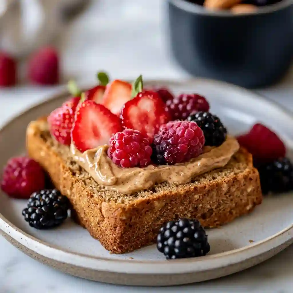 healthy-rhubarb-bread-serving-ideas slice of healthy rhubarb bread with almond butter and berries