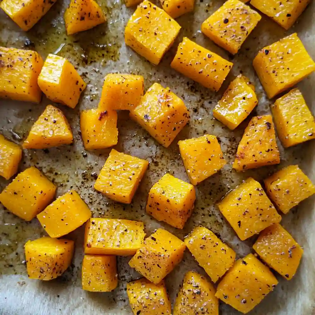 healthy-roasted-butternut-squash-on-tray healthy roasted butternut squash prepped for oven roasting