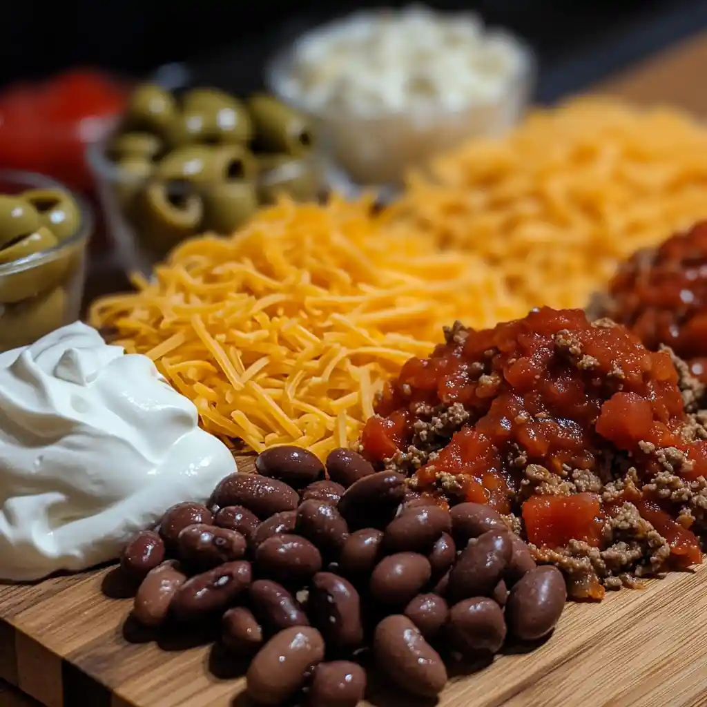 hot-taco-layer-dip-ingredients hot taco layer dip in cast iron skillet