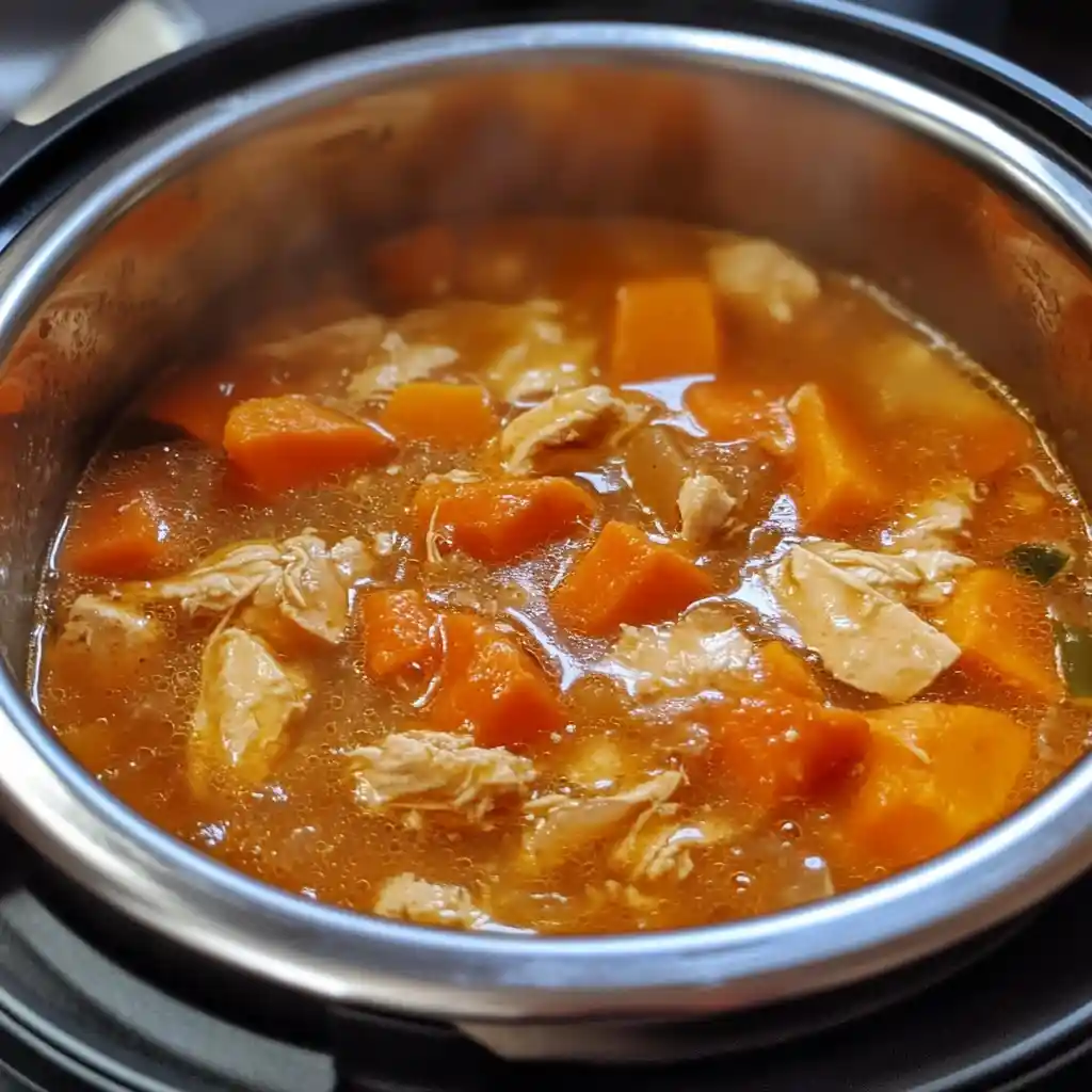 instant pot sweet potato chicken soup simmering in instant pot