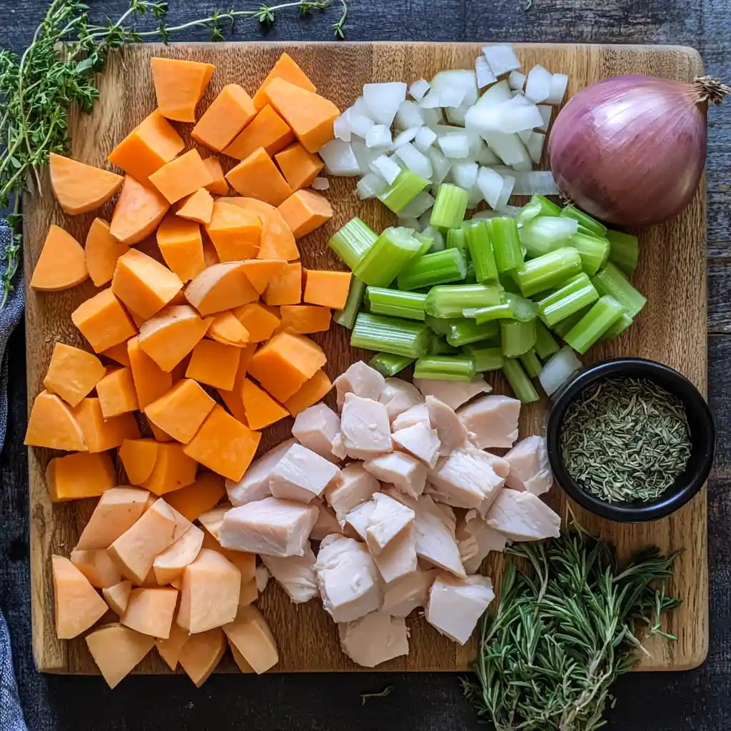 ingredients for instant pot sweet potato chicken soup prepared on a wooden board