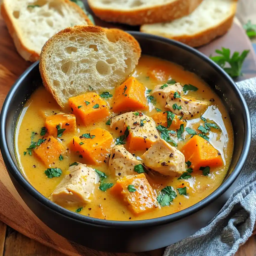 instant pot sweet potato chicken soup served with crusty bread