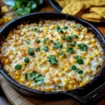Mexican Street Corn Dip 2 Hot Mexican Street Corn Dip topped with cotija cheese and cilantro in a black skillet