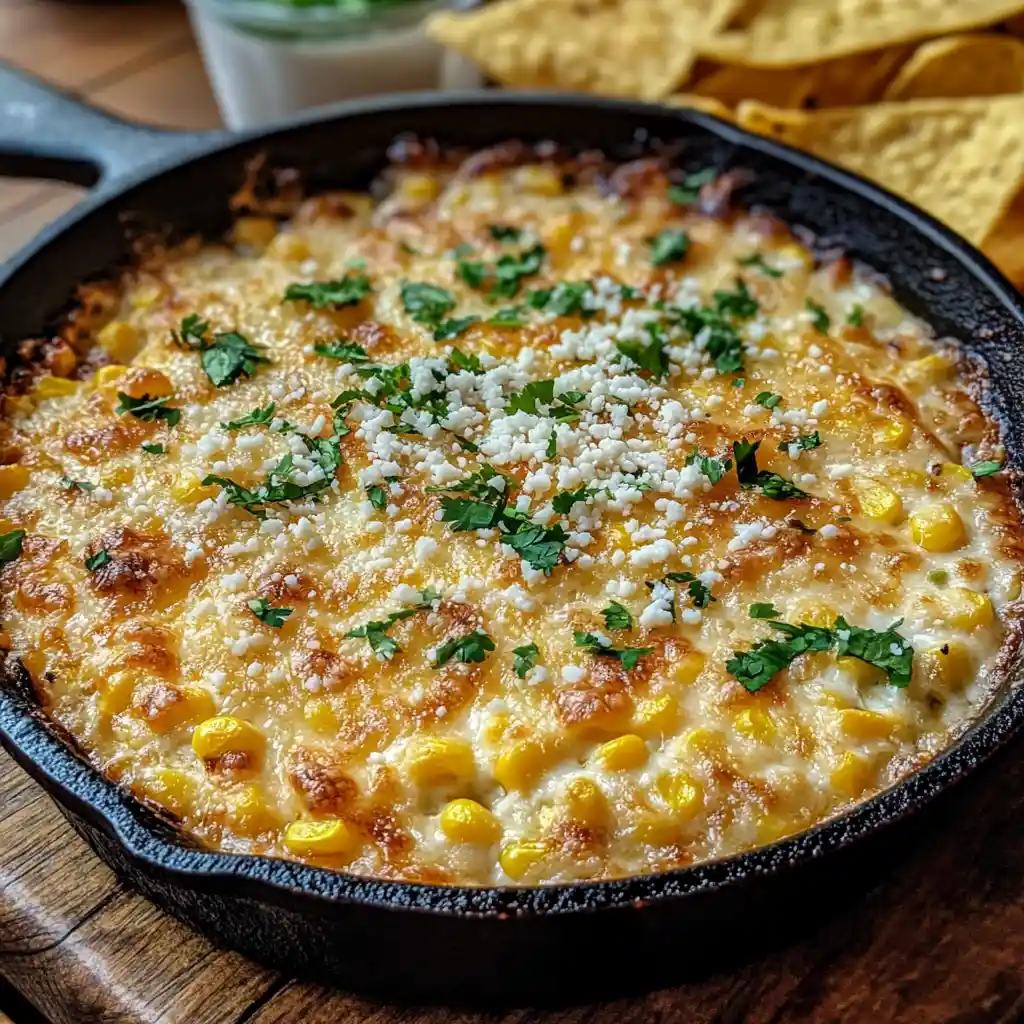 Hot Mexican Street Corn Dip in cast iron skillet with melted cheese