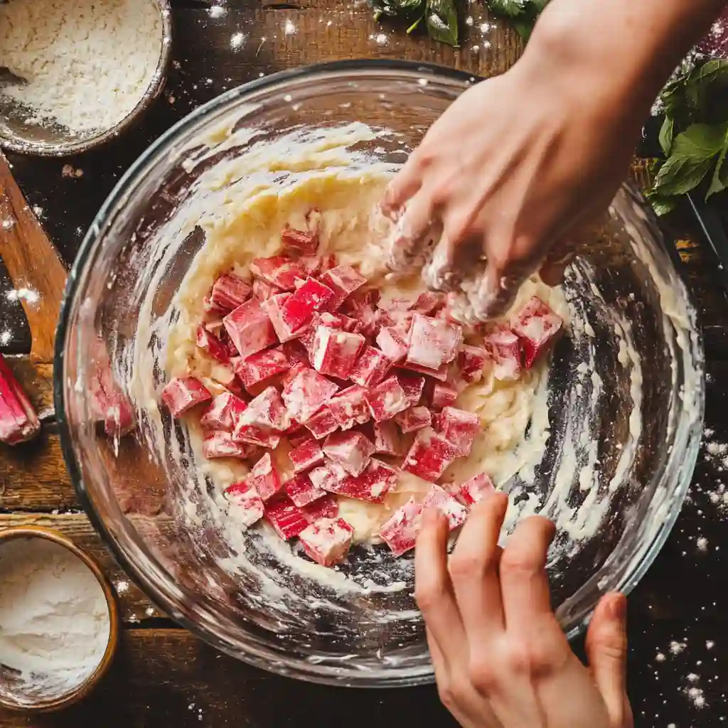 mixing-rhubarb-into-gluten-free-bread-batter mixing rhubarb into gluten free bread batter for healthy recipe