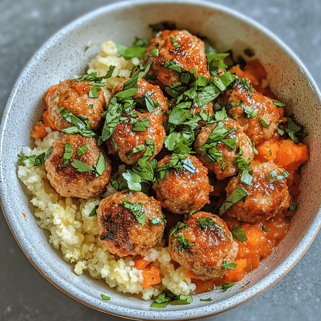 Paleo Turkey Sweet Potato Meatballs with marinara and cauliflower rice