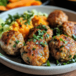 Paleo Turkey Sweet Potato Meatballs on a rustic plate with sides