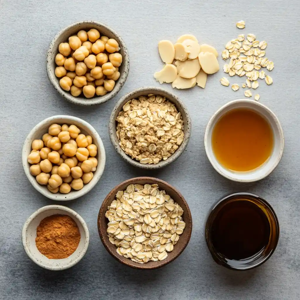 peanut-butter-chickpea-bar-ingredients Peanut butter chickpea bar ingredients on wood board