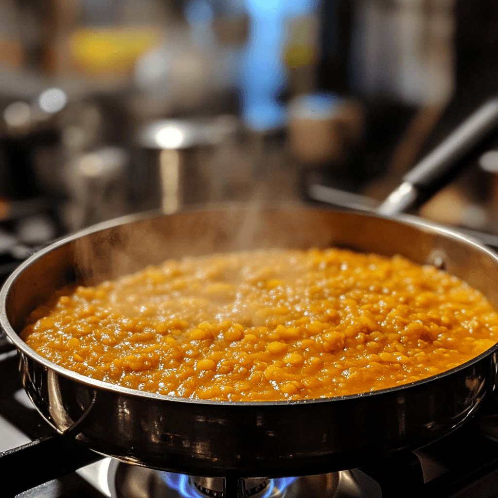 red lentil dahl simmering on stove with steam