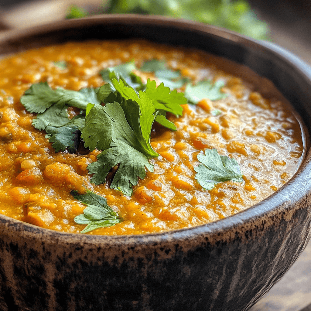 red lentil dahl in rustic bowl with fresh cilantro