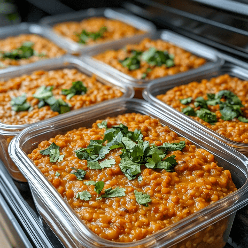 meal prep containers with red lentil dahl and rice