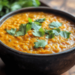 Red lentil dahl recipe card with garnished bowl and spices