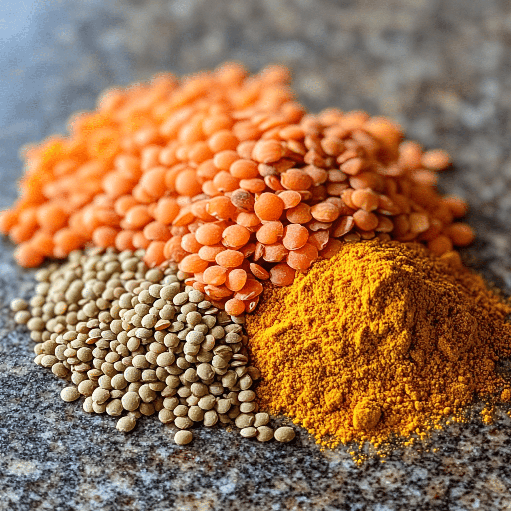 raw red lentils with Indian spices for dahl recipe