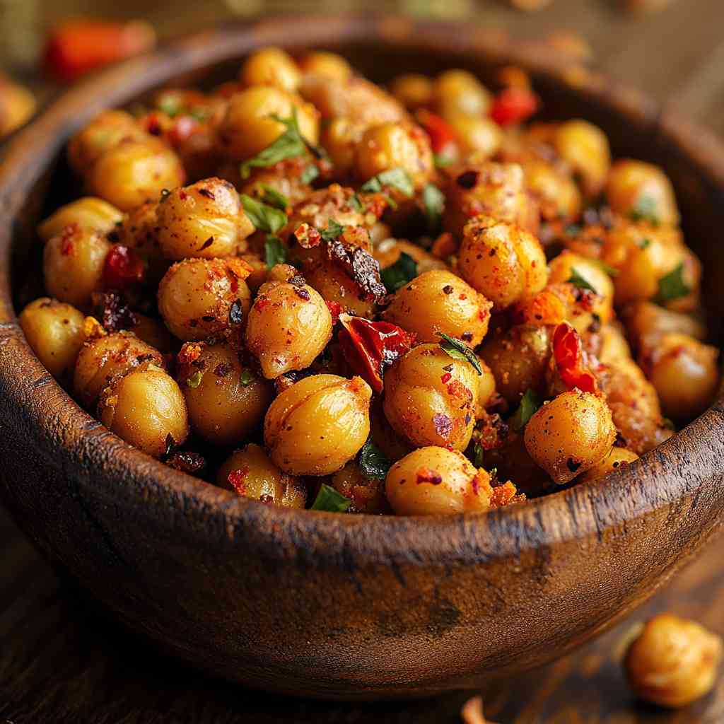 Roasted Chickpea Snack Mix in a rustic wooden bowl