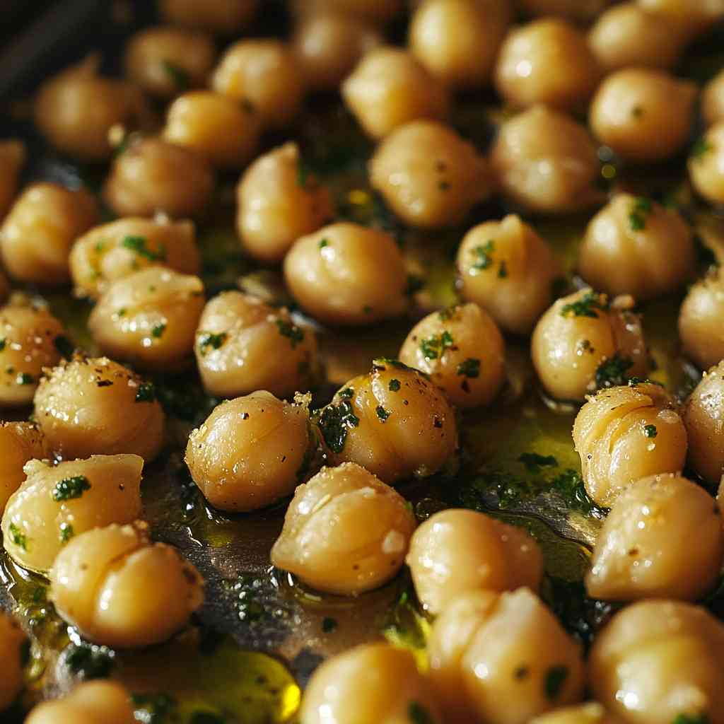 Chickpeas on baking tray ready for roasting