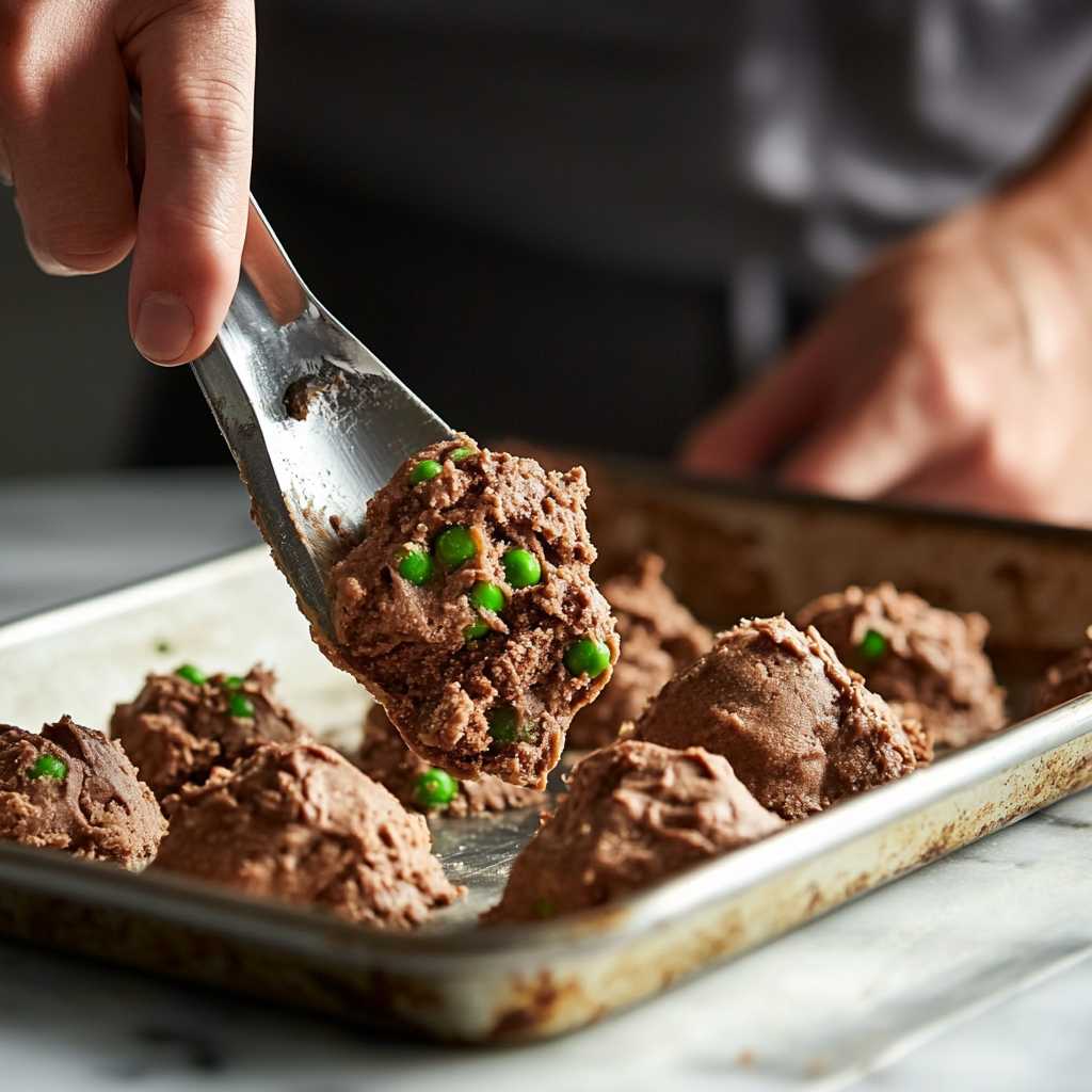 scooping chocolate pea cookie dough onto baking tray