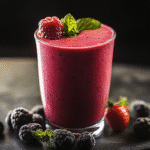 Silken Tofu Berry Smoothie in a glass topped with berries and mint