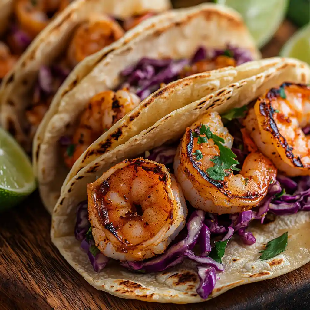 Spicy Shrimp Tacos with lime and slaw on a rustic table