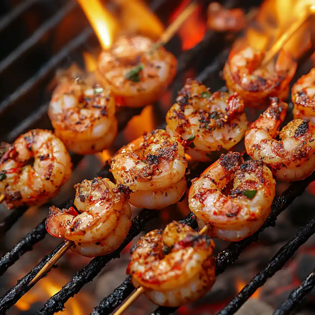 Spicy shrimp grilling on skewers for tacos