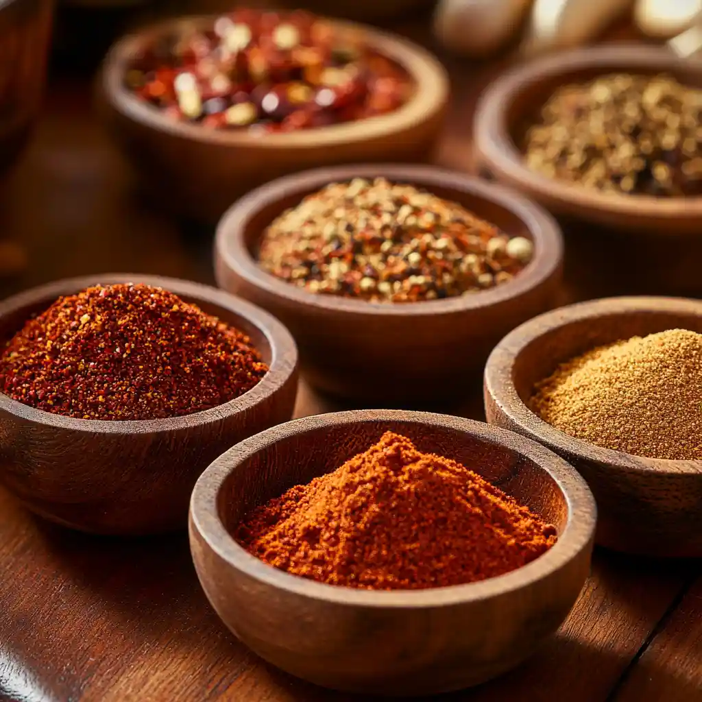 Spices for making spicy shrimp tacos in small bowls